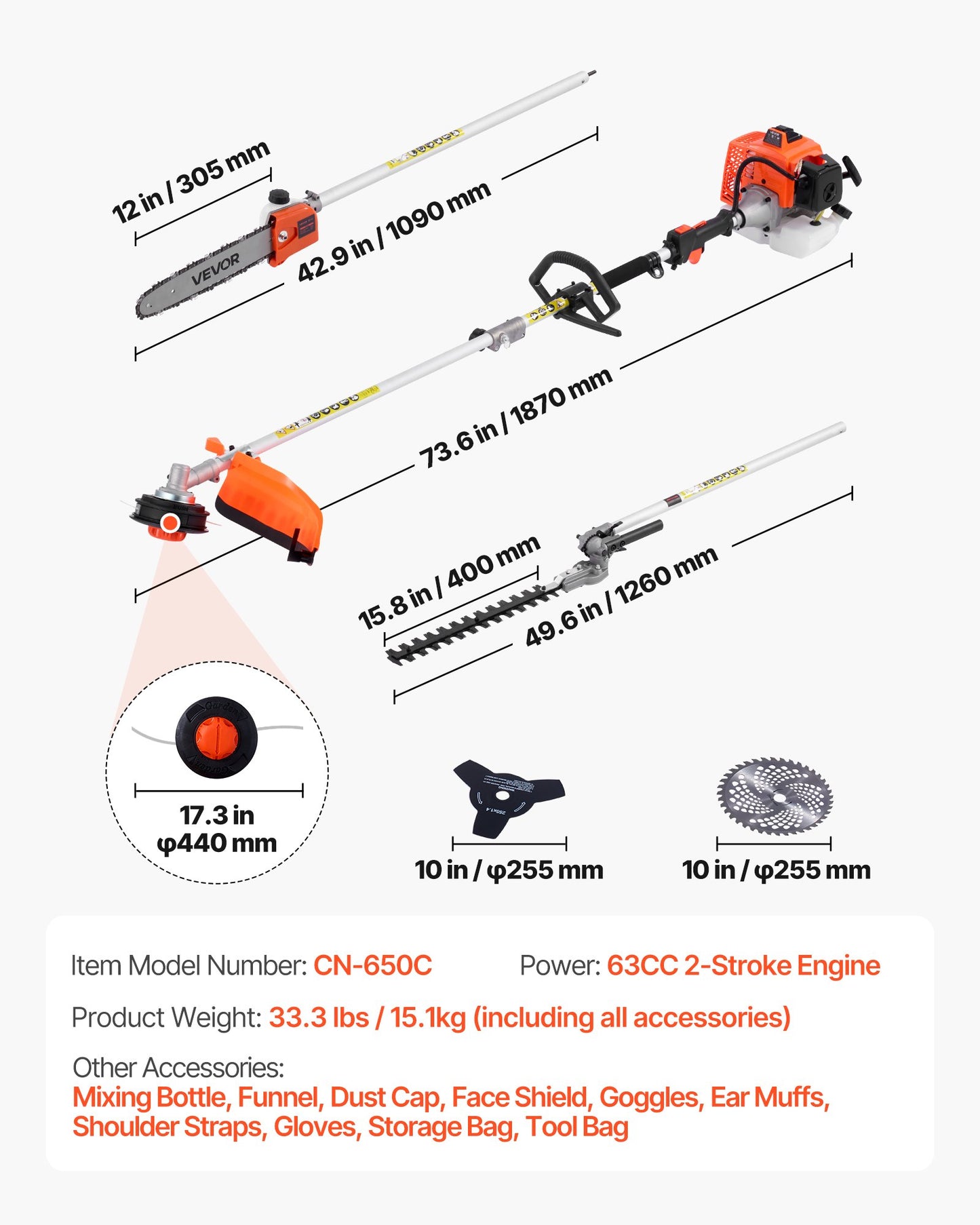 Gas Hedge Trimmer, 2 Cycle Gas Power Handheld Hedge Trimmer, 5-in-1 63cc Cordless Weed Eater with Protective Gear Set, Includes Hedge and String Trimmer, Brush Cutter(3T & 40T Blades), Pole Saw