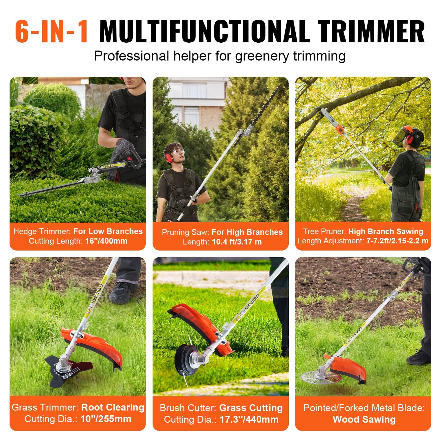 33CC 6-in-1 Multi-Functional Trimming Tools, Gas Hedge Trimmer, Weed Eater, String Trimmer, Brush Cutter, Edger, Pole Saw Chainsaw Pruner with Extension Pole
