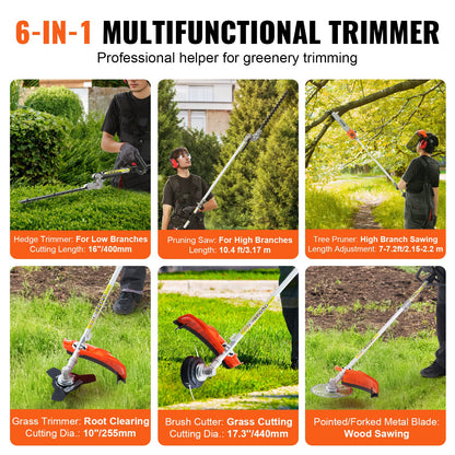 33CC 6-in-1 Multi-Functional Trimming Tools, Gas Hedge Trimmer, Weed Eater, String Trimmer, Brush Cutter, Edger, Pole Saw Chainsaw Pruner with Extension Pole