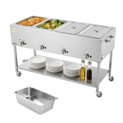 4-Pan Commercial Propane Steam Table, LP Gas Outdoor Soup Warmer with Drain Valve and 3" Wheels, Stainless Steel Propane Food Warmer with Independent Temp Control, for Restaurant Outdoor Camping