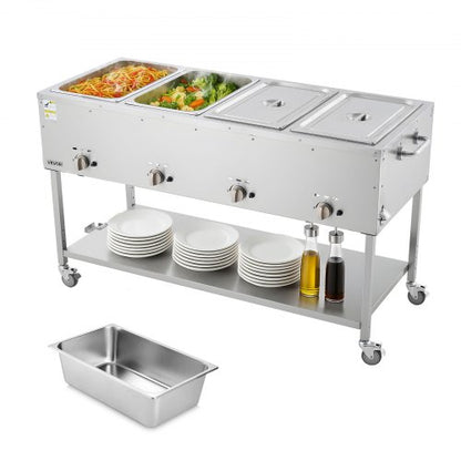 4-Pan Commercial Propane Steam Table, LP Gas Outdoor Soup Warmer with Drain Valve and 3" Wheels, Stainless Steel Propane Food Warmer with Independent Temp Control, for Restaurant Outdoor Camping