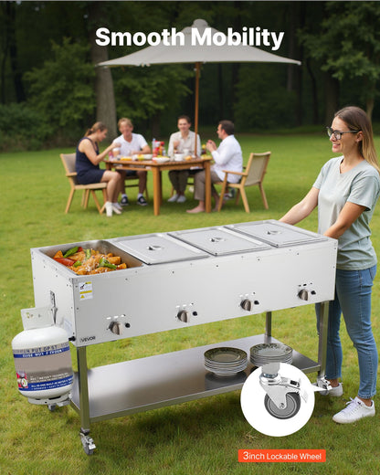 4-Pan Commercial Propane Steam Table, LP Gas Outdoor Soup Warmer with Drain Valve and 3" Wheels, Stainless Steel Propane Food Warmer with Independent Temp Control, for Restaurant Outdoor Camping