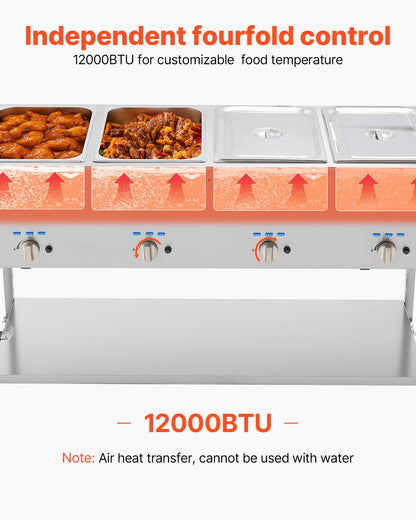 4-Pan Commercial Propane Steam Table, LP Gas Outdoor Soup Warmer with Drain Valve and 3" Wheels, Stainless Steel Propane Food Warmer with Independent Temp Control, for Restaurant Outdoor Camping