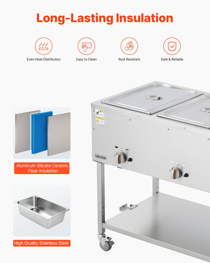4-Pan Commercial Propane Steam Table, LP Gas Outdoor Soup Warmer with Drain Valve and 3" Wheels, Stainless Steel Propane Food Warmer with Independent Temp Control, for Restaurant Outdoor Camping
