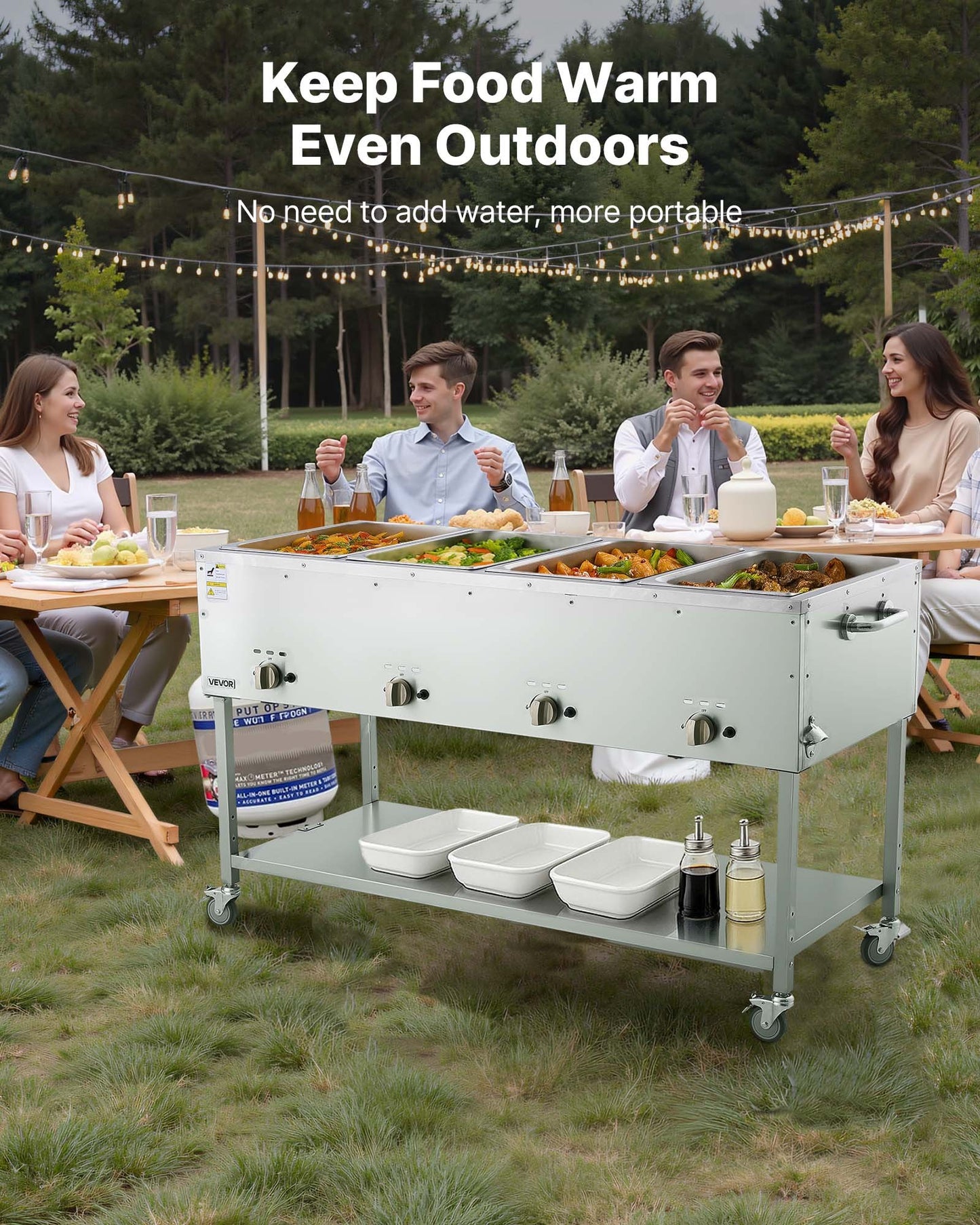 4-Pan Commercial Propane Steam Table, LP Gas Outdoor Soup Warmer with Drain Valve and 3" Wheels, Stainless Steel Propane Food Warmer with Independent Temp Control, for Restaurant Outdoor Camping