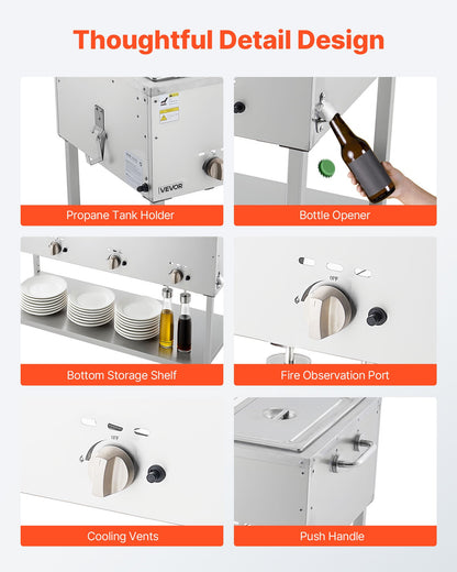 4-Pan Commercial Propane Steam Table, LP Gas Outdoor Soup Warmer with Drain Valve and 3" Wheels, Stainless Steel Propane Food Warmer with Independent Temp Control, for Restaurant Outdoor Camping