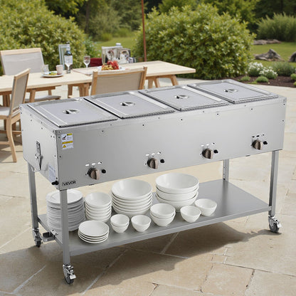 4-Pan Commercial Propane Steam Table, LP Gas Outdoor Soup Warmer with Drain Valve and 3" Wheels, Stainless Steel Propane Food Warmer with Independent Temp Control, for Restaurant Outdoor Camping