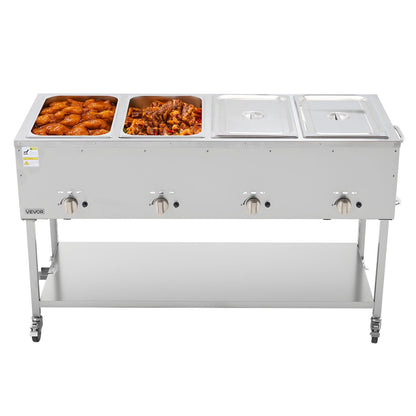 4-Pan Commercial Propane Steam Table, LP Gas Outdoor Soup Warmer with Drain Valve and 3" Wheels, Stainless Steel Propane Food Warmer with Independent Temp Control, for Restaurant Outdoor Camping