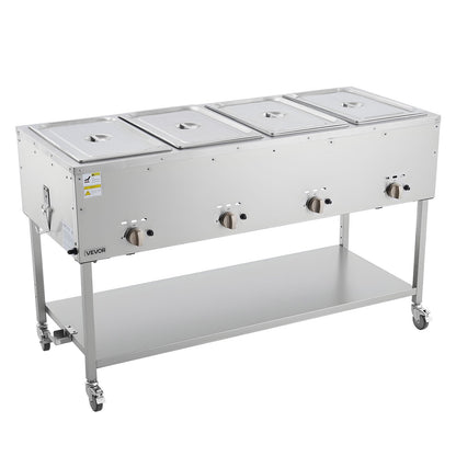 4-Pan Commercial Propane Steam Table, LP Gas Outdoor Soup Warmer with Drain Valve and 3" Wheels, Stainless Steel Propane Food Warmer with Independent Temp Control, for Restaurant Outdoor Camping