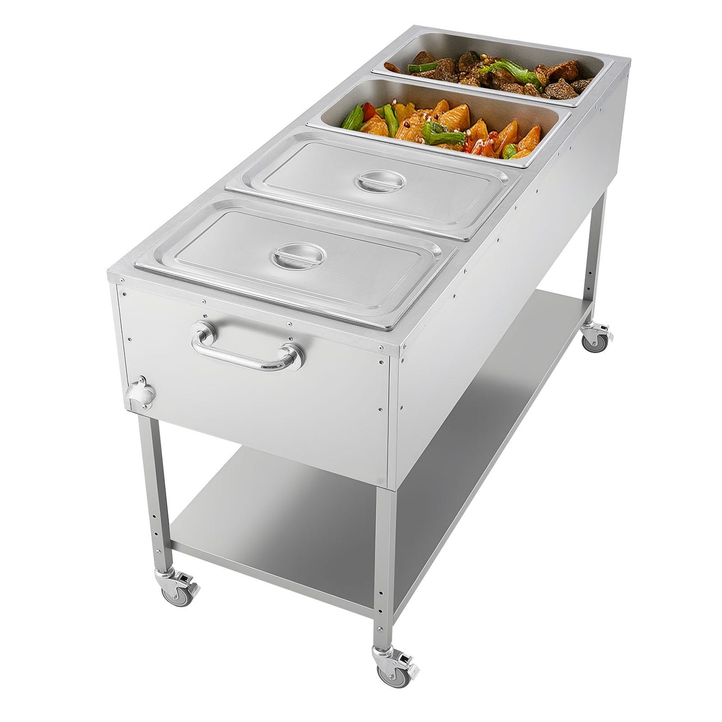 4-Pan Commercial Propane Steam Table, LP Gas Outdoor Soup Warmer with Drain Valve and 3" Wheels, Stainless Steel Propane Food Warmer with Independent Temp Control, for Restaurant Outdoor Camping