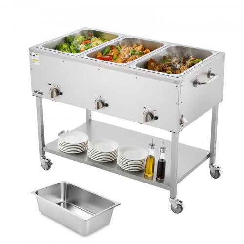 3-Pan Commercial Propane Steam Table, LP Gas Outdoor Soup Warmer with Drain Valve and 3" Wheels, Stainless Steel Propane Food Warmer with Independent Temp Control, for Restaurant Outdoor Camping
