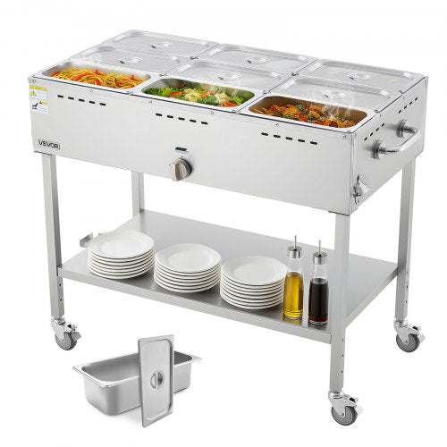 9-Pan Commercial Propane Steam Table, LP Gas Outdoor Soup Warmer with Drain Valve and 3" Wheels, Stainless Steel Propane Food Warmer with Adjustable Temperature, for Restaurant Outdoor Camping
