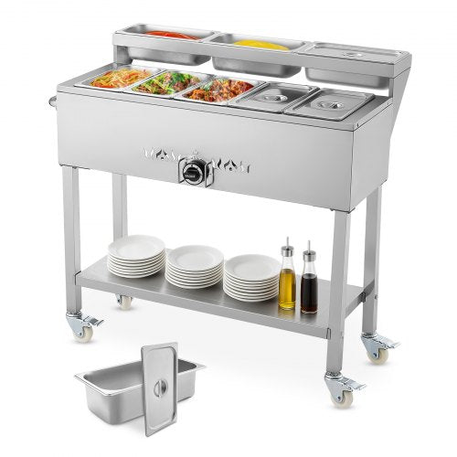 Commercial Propane Steam Table, 5 Food Pans & 3 Condiment Pans, LP Gas Outdoor Soup Warmer with Drain Valve and 3" Wheels, Stainless Steel Propane Food Warmer with Adjustable Temp for Outdoor