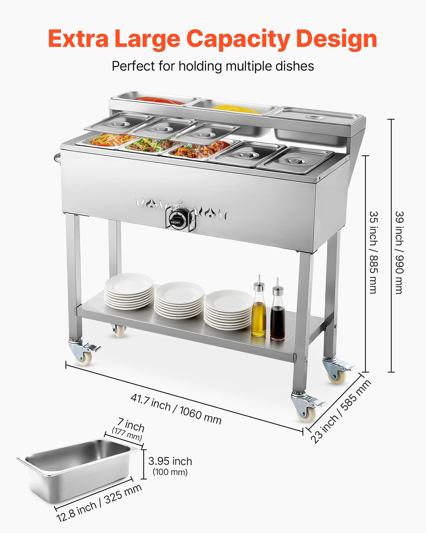 Commercial Propane Steam Table, 5 Food Pans & 3 Condiment Pans, LP Gas Outdoor Soup Warmer with Drain Valve and 3" Wheels, Stainless Steel Propane Food Warmer with Adjustable Temp for Outdoor