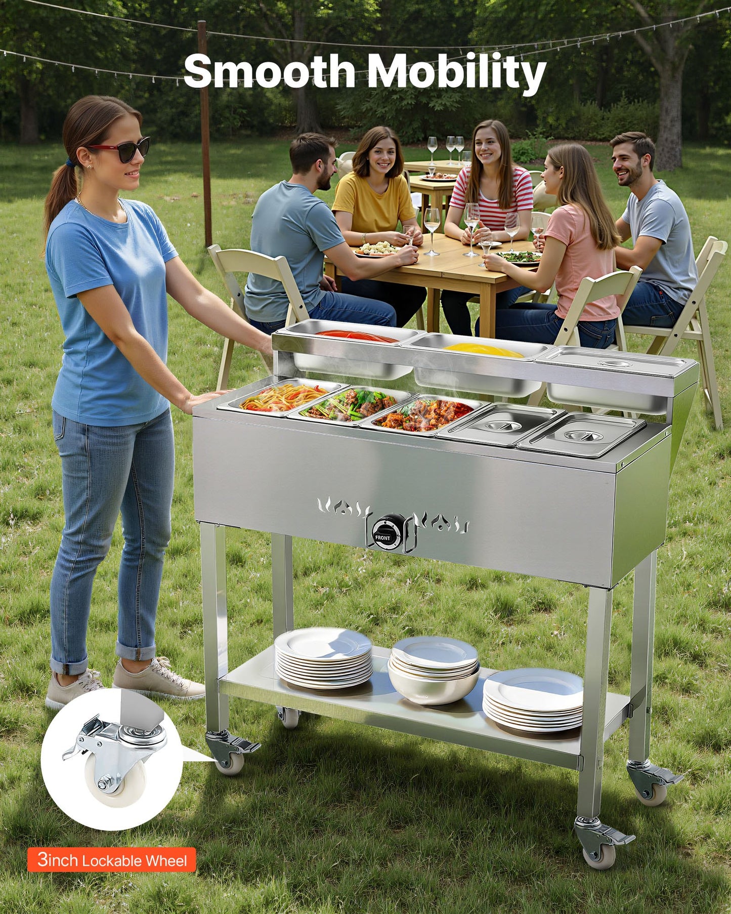 Commercial Propane Steam Table, 5 Food Pans & 3 Condiment Pans, LP Gas Outdoor Soup Warmer with Drain Valve and 3" Wheels, Stainless Steel Propane Food Warmer with Adjustable Temp for Outdoor