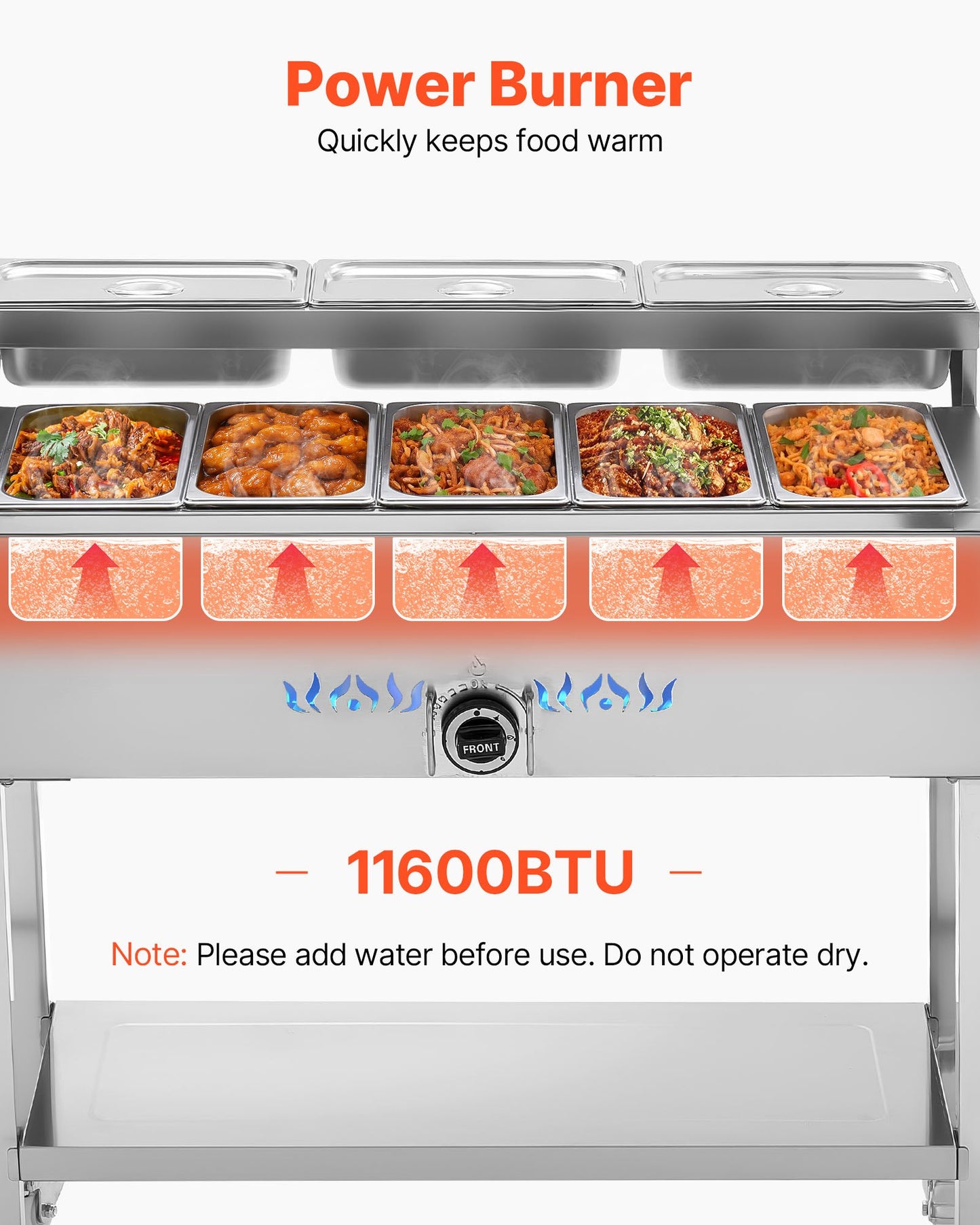 Commercial Propane Steam Table, 5 Food Pans & 3 Condiment Pans, LP Gas Outdoor Soup Warmer with Drain Valve and 3" Wheels, Stainless Steel Propane Food Warmer with Adjustable Temp for Outdoor