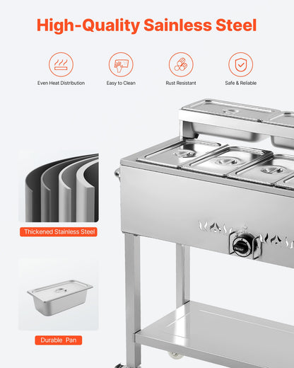 Commercial Propane Steam Table, 5 Food Pans & 3 Condiment Pans, LP Gas Outdoor Soup Warmer with Drain Valve and 3" Wheels, Stainless Steel Propane Food Warmer with Adjustable Temp for Outdoor