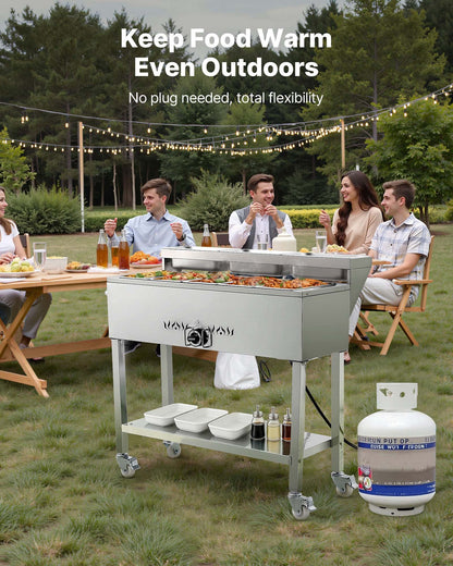 Commercial Propane Steam Table, 5 Food Pans & 3 Condiment Pans, LP Gas Outdoor Soup Warmer with Drain Valve and 3" Wheels, Stainless Steel Propane Food Warmer with Adjustable Temp for Outdoor