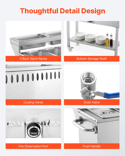 Commercial Propane Steam Table, 5 Food Pans & 3 Condiment Pans, LP Gas Outdoor Soup Warmer with Drain Valve and 3" Wheels, Stainless Steel Propane Food Warmer with Adjustable Temp for Outdoor