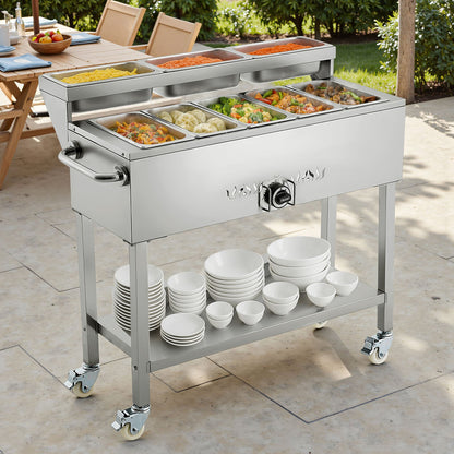 Commercial Propane Steam Table, 5 Food Pans & 3 Condiment Pans, LP Gas Outdoor Soup Warmer with Drain Valve and 3" Wheels, Stainless Steel Propane Food Warmer with Adjustable Temp for Outdoor