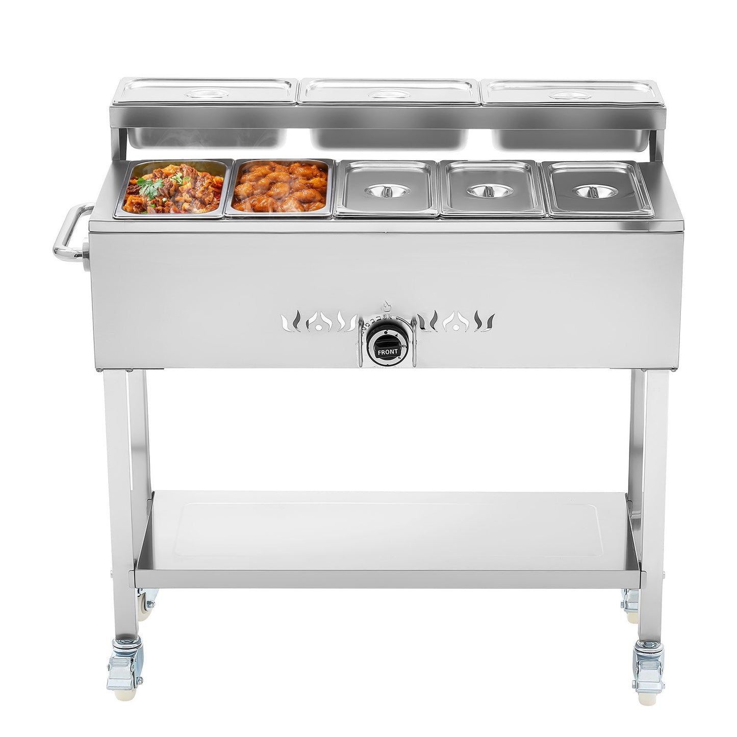 Commercial Propane Steam Table, 5 Food Pans & 3 Condiment Pans, LP Gas Outdoor Soup Warmer with Drain Valve and 3" Wheels, Stainless Steel Propane Food Warmer with Adjustable Temp for Outdoor
