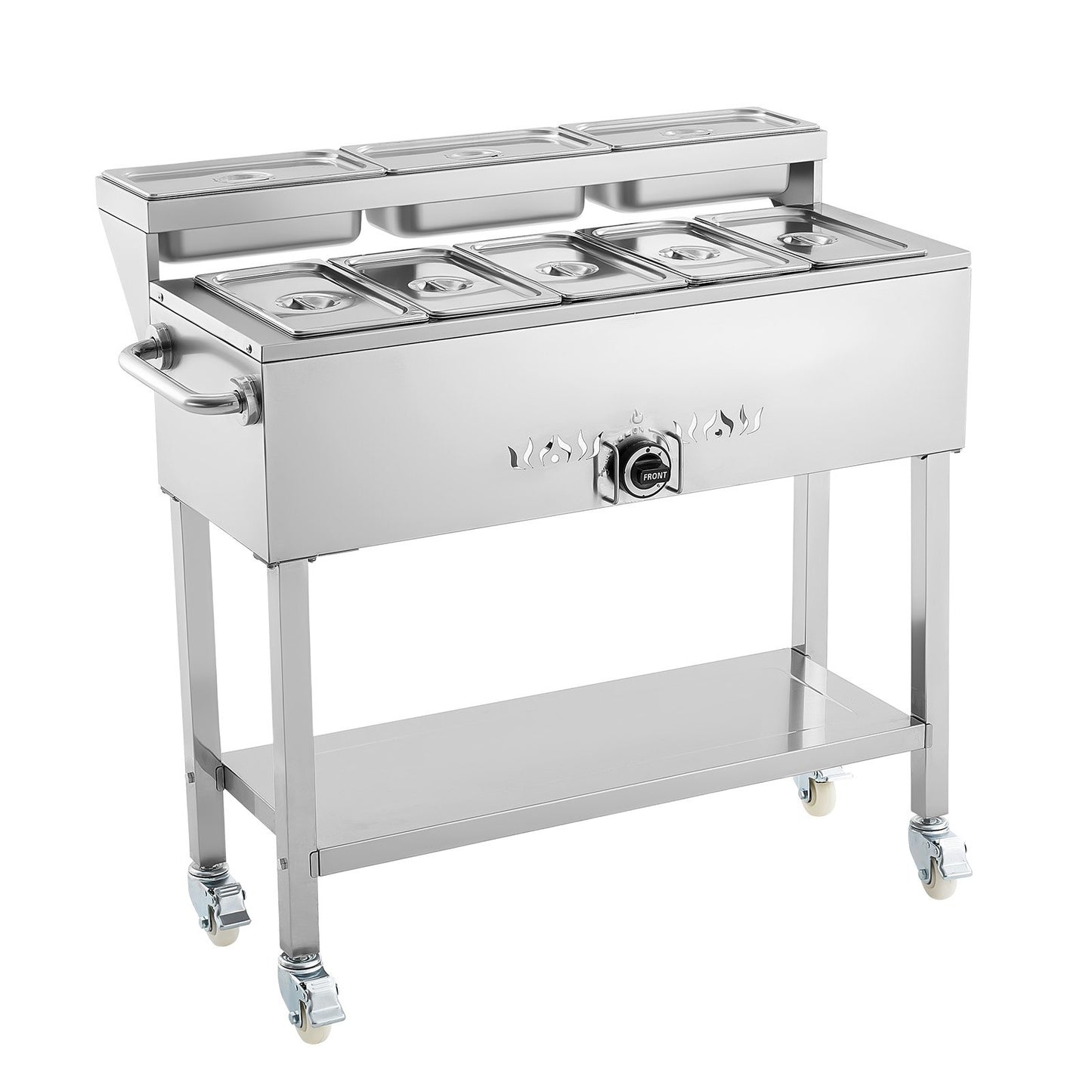 Commercial Propane Steam Table, 5 Food Pans & 3 Condiment Pans, LP Gas Outdoor Soup Warmer with Drain Valve and 3" Wheels, Stainless Steel Propane Food Warmer with Adjustable Temp for Outdoor