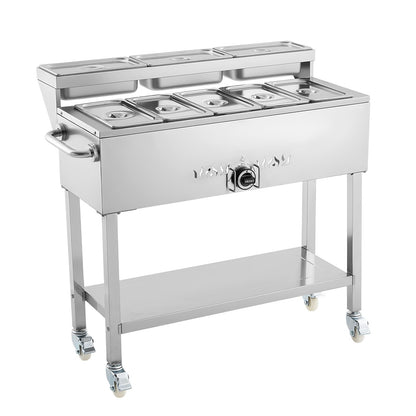 Commercial Propane Steam Table, 5 Food Pans & 3 Condiment Pans, LP Gas Outdoor Soup Warmer with Drain Valve and 3" Wheels, Stainless Steel Propane Food Warmer with Adjustable Temp for Outdoor