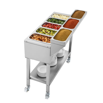 Commercial Propane Steam Table, 5 Food Pans & 3 Condiment Pans, LP Gas Outdoor Soup Warmer with Drain Valve and 3" Wheels, Stainless Steel Propane Food Warmer with Adjustable Temp for Outdoor
