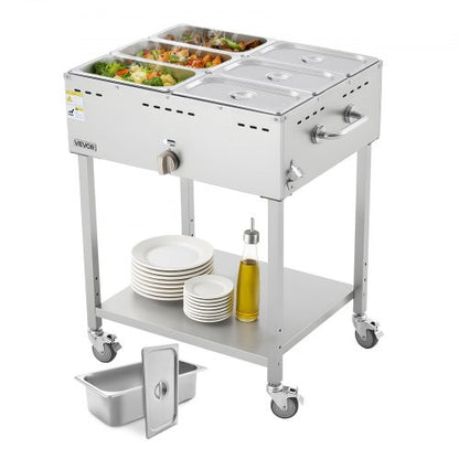 6-Pan Commercial Propane Steam Table, LP Gas Outdoor Soup Warmer with Drain Valve and 3" Wheels, Stainless Steel Propane Food Warmer with Adjustable Temperature, for Restaurant Outdoor Camping