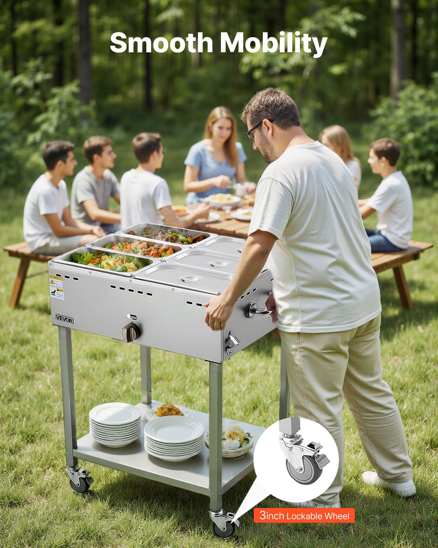 6-Pan Commercial Propane Steam Table, LP Gas Outdoor Soup Warmer with Drain Valve and 3" Wheels, Stainless Steel Propane Food Warmer with Adjustable Temperature, for Restaurant Outdoor Camping
