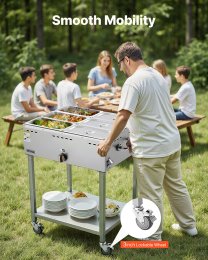 6-Pan Commercial Propane Steam Table, LP Gas Outdoor Soup Warmer with Drain Valve and 3" Wheels, Stainless Steel Propane Food Warmer with Adjustable Temperature, for Restaurant Outdoor Camping