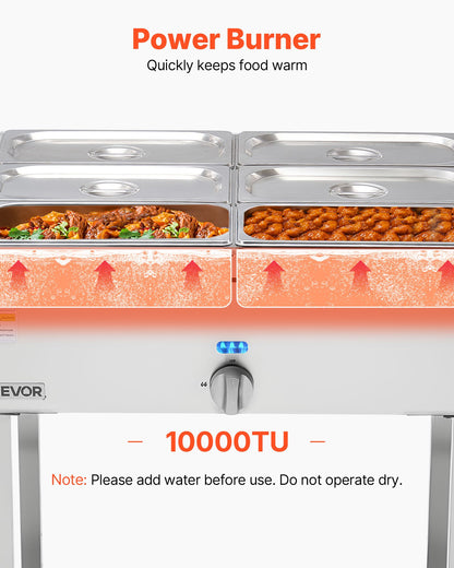 6-Pan Commercial Propane Steam Table, LP Gas Outdoor Soup Warmer with Drain Valve and 3" Wheels, Stainless Steel Propane Food Warmer with Adjustable Temperature, for Restaurant Outdoor Camping