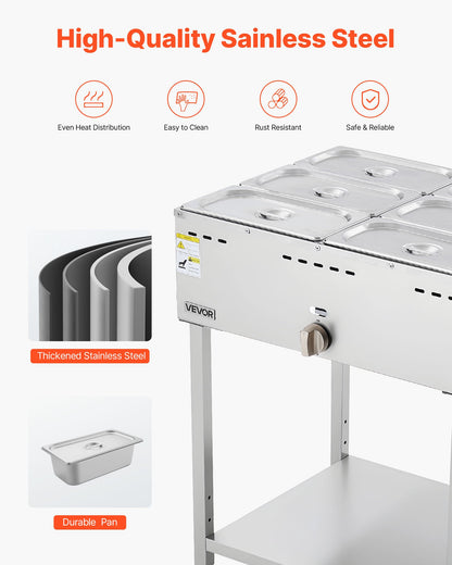 6-Pan Commercial Propane Steam Table, LP Gas Outdoor Soup Warmer with Drain Valve and 3" Wheels, Stainless Steel Propane Food Warmer with Adjustable Temperature, for Restaurant Outdoor Camping