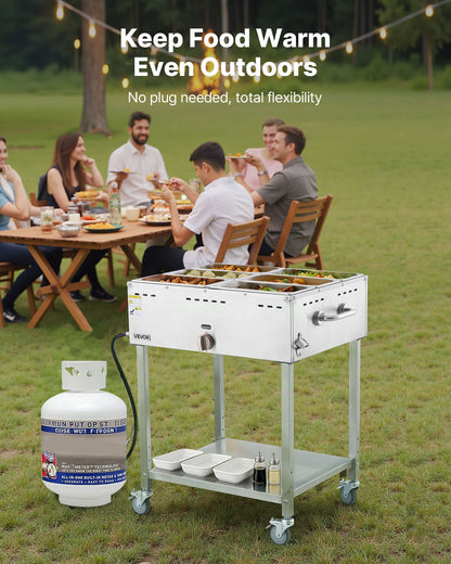 6-Pan Commercial Propane Steam Table, LP Gas Outdoor Soup Warmer with Drain Valve and 3" Wheels, Stainless Steel Propane Food Warmer with Adjustable Temperature, for Restaurant Outdoor Camping