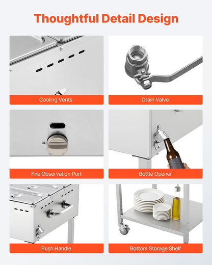 6-Pan Commercial Propane Steam Table, LP Gas Outdoor Soup Warmer with Drain Valve and 3" Wheels, Stainless Steel Propane Food Warmer with Adjustable Temperature, for Restaurant Outdoor Camping