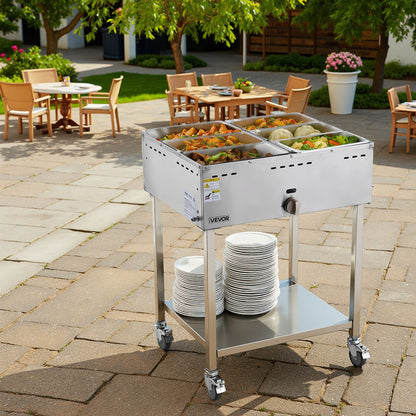 6-Pan Commercial Propane Steam Table, LP Gas Outdoor Soup Warmer with Drain Valve and 3" Wheels, Stainless Steel Propane Food Warmer with Adjustable Temperature, for Restaurant Outdoor Camping