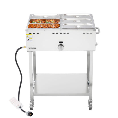 6-Pan Commercial Propane Steam Table, LP Gas Outdoor Soup Warmer with Drain Valve and 3" Wheels, Stainless Steel Propane Food Warmer with Adjustable Temperature, for Restaurant Outdoor Camping