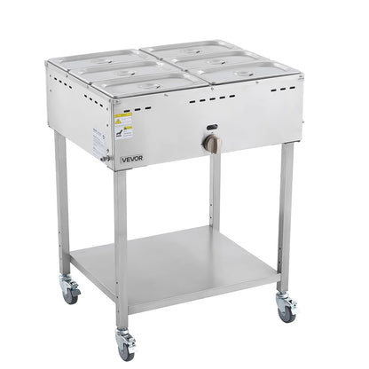 6-Pan Commercial Propane Steam Table, LP Gas Outdoor Soup Warmer with Drain Valve and 3" Wheels, Stainless Steel Propane Food Warmer with Adjustable Temperature, for Restaurant Outdoor Camping