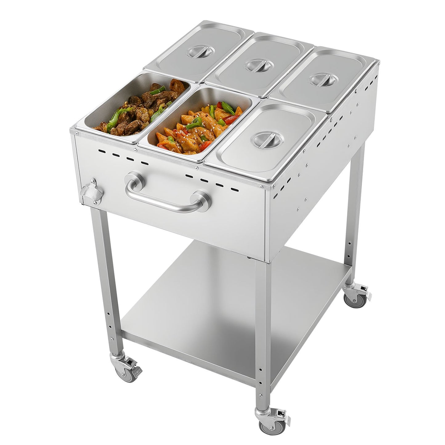 6-Pan Commercial Propane Steam Table, LP Gas Outdoor Soup Warmer with Drain Valve and 3" Wheels, Stainless Steel Propane Food Warmer with Adjustable Temperature, for Restaurant Outdoor Camping