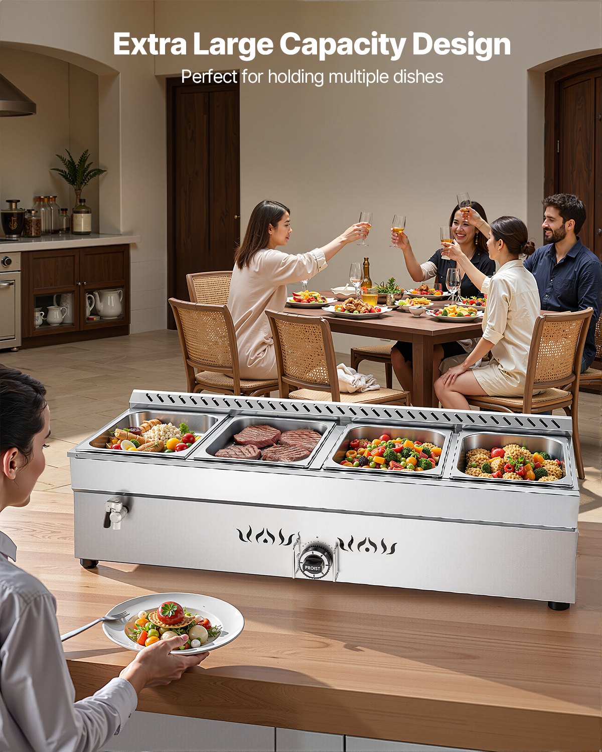 4-Pan Commercial Propane Steam Table, LP Gas Outdoor Soup Warmer with Drain Valve, Stainless Steel Propane Food Warmer with Adjustable Temperature, for Restaurant Party Outdoor Camping