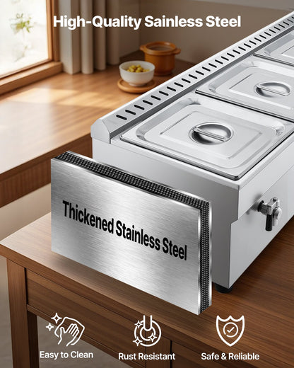 4-Pan Commercial Propane Steam Table, LP Gas Outdoor Soup Warmer with Drain Valve, Stainless Steel Propane Food Warmer with Adjustable Temperature, for Restaurant Party Outdoor Camping