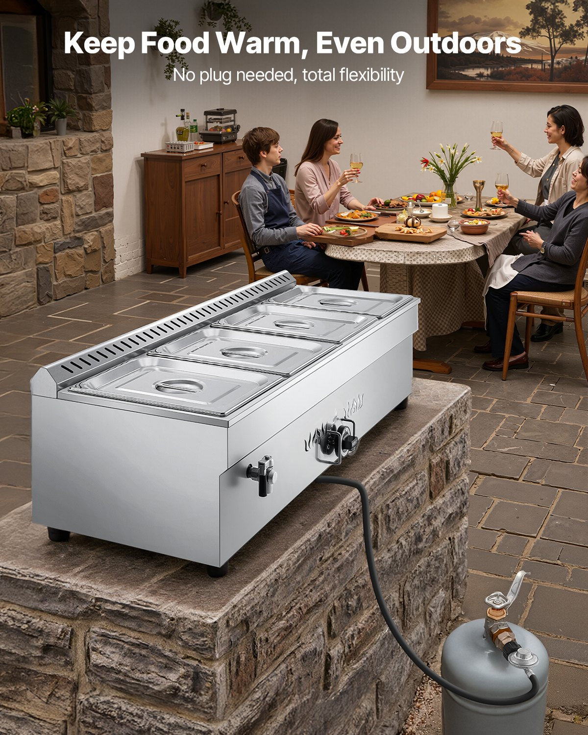 4-Pan Commercial Propane Steam Table, LP Gas Outdoor Soup Warmer with Drain Valve, Stainless Steel Propane Food Warmer with Adjustable Temperature, for Restaurant Party Outdoor Camping