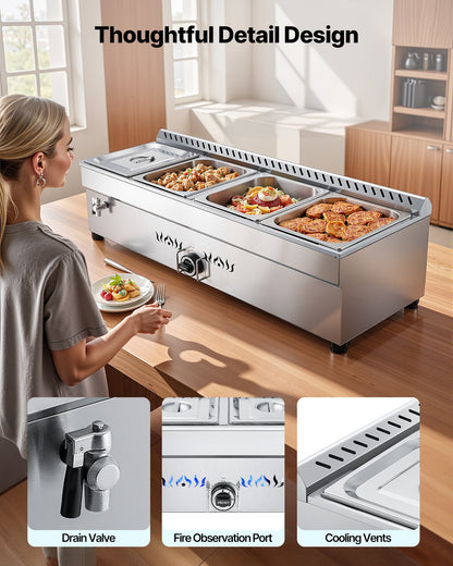 4-Pan Commercial Propane Steam Table, LP Gas Outdoor Soup Warmer with Drain Valve, Stainless Steel Propane Food Warmer with Adjustable Temperature, for Restaurant Party Outdoor Camping