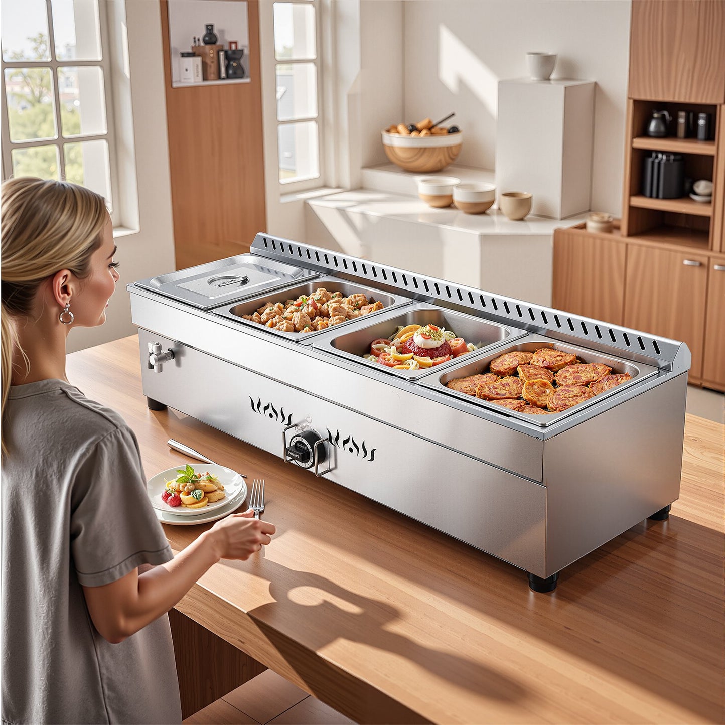 4-Pan Commercial Propane Steam Table, LP Gas Outdoor Soup Warmer with Drain Valve, Stainless Steel Propane Food Warmer with Adjustable Temperature, for Restaurant Party Outdoor Camping