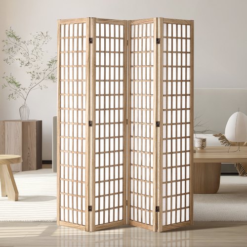 Room Divider, 4 Panel Japanese Room Divider, Folding Privacy Screen Indoor, Portable Partition Dividers and Decoration Screens, for Room Separation, Home, Office, Restaurant & Bedroom (Natural)