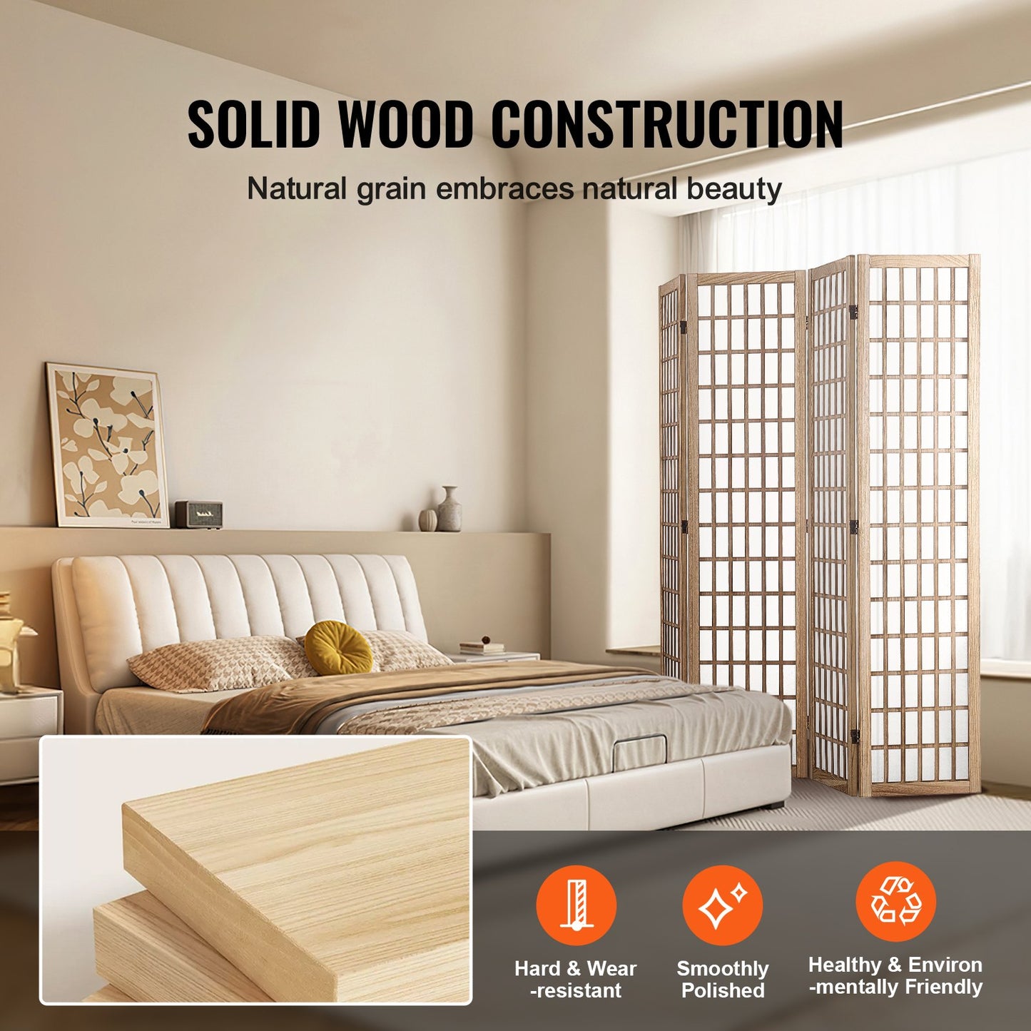 Room Divider, 4 Panel Japanese Room Divider, Folding Privacy Screen Indoor, Portable Partition Dividers and Decoration Screens, for Room Separation, Home, Office, Restaurant & Bedroom (Natural)