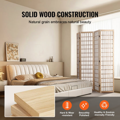 Room Divider, 4 Panel Japanese Room Divider, Folding Privacy Screen Indoor, Portable Partition Dividers and Decoration Screens, for Room Separation, Home, Office, Restaurant & Bedroom (Natural)