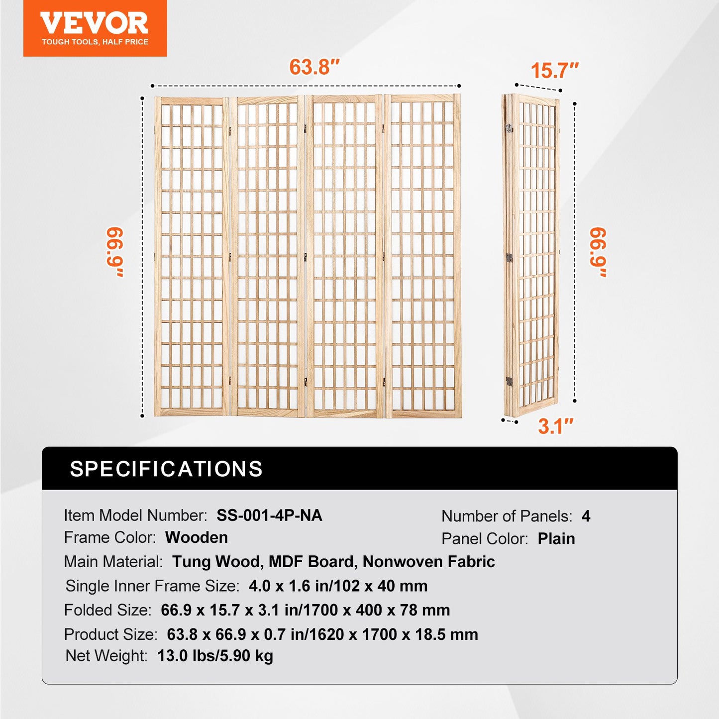 Room Divider, 4 Panel Japanese Room Divider, Folding Privacy Screen Indoor, Portable Partition Dividers and Decoration Screens, for Room Separation, Home, Office, Restaurant & Bedroom (Natural)