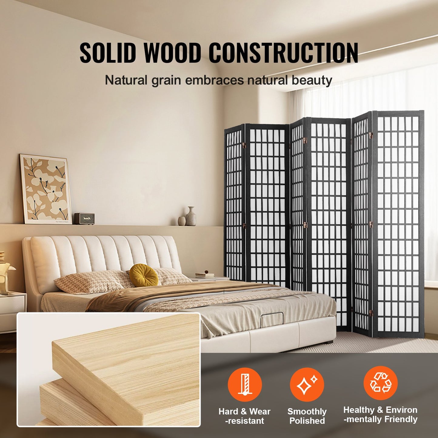 Room Divider, 6 Panel Japanese Room Divider, Folding Privacy Screen Indoor, Portable Partition Dividers and Decoration Screens, for Room Separation, Home, Office, Restaurant & Bedroom (Black)