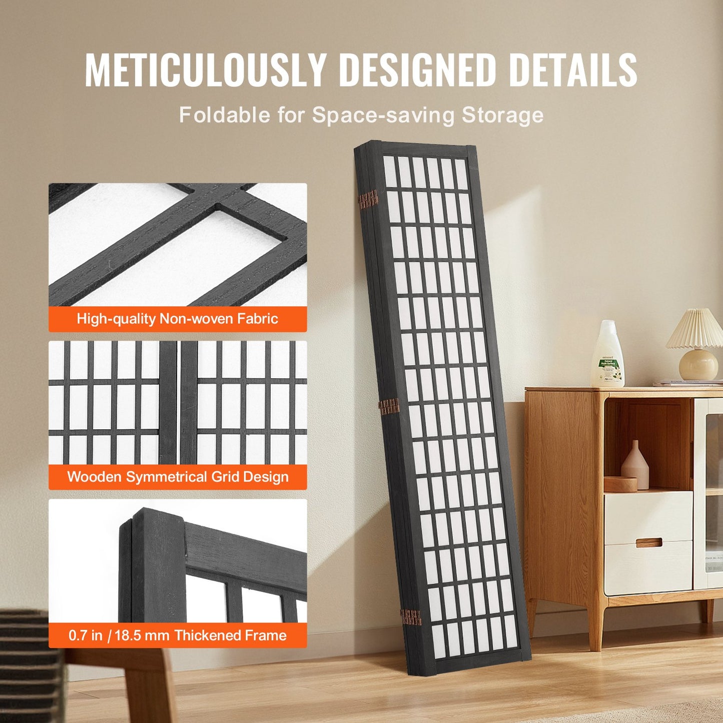 Room Divider, 6 Panel Japanese Room Divider, Folding Privacy Screen Indoor, Portable Partition Dividers and Decoration Screens, for Room Separation, Home, Office, Restaurant & Bedroom (Black)